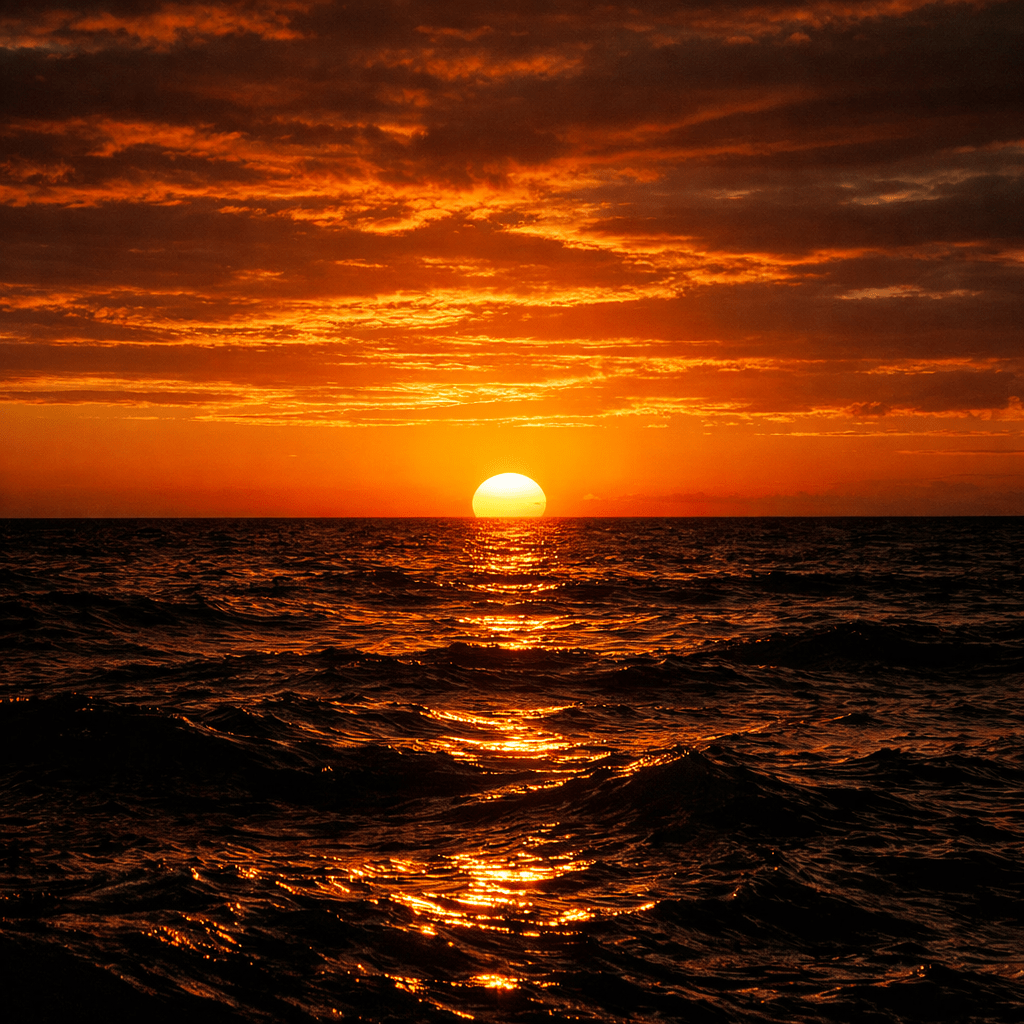 Sun setting on horizon over ocean with orange glowing clouds and reflections on water
