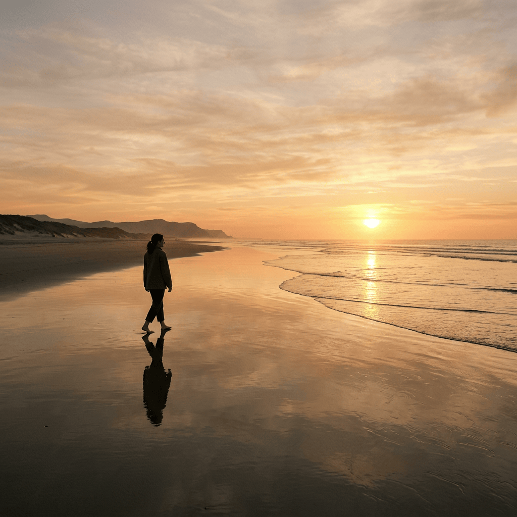 Person walking barefoot on a wet beach at sunset with mountains in background