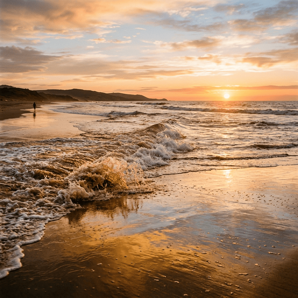 Ocean waves crashing on a sandy beach at sunset with a person walking in the distance