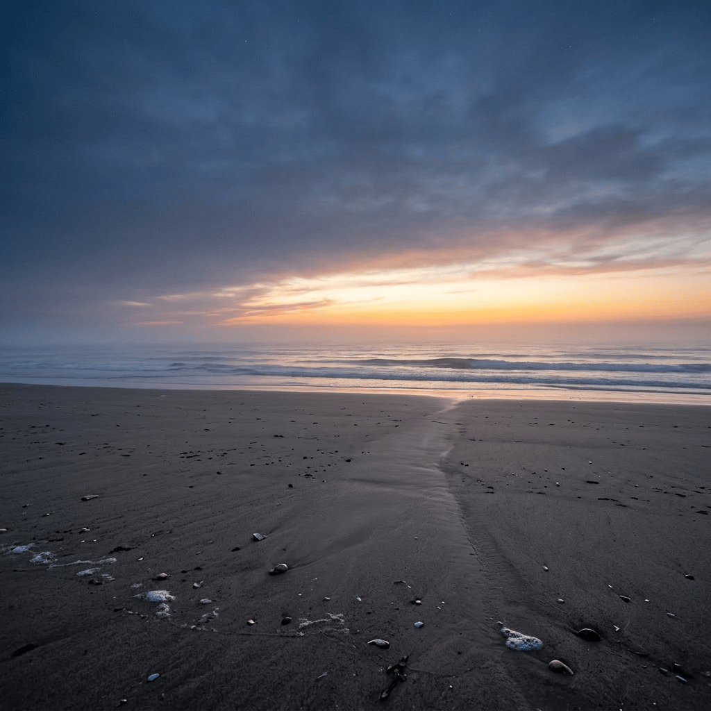 Calm beach waves before sunrise golden horizon