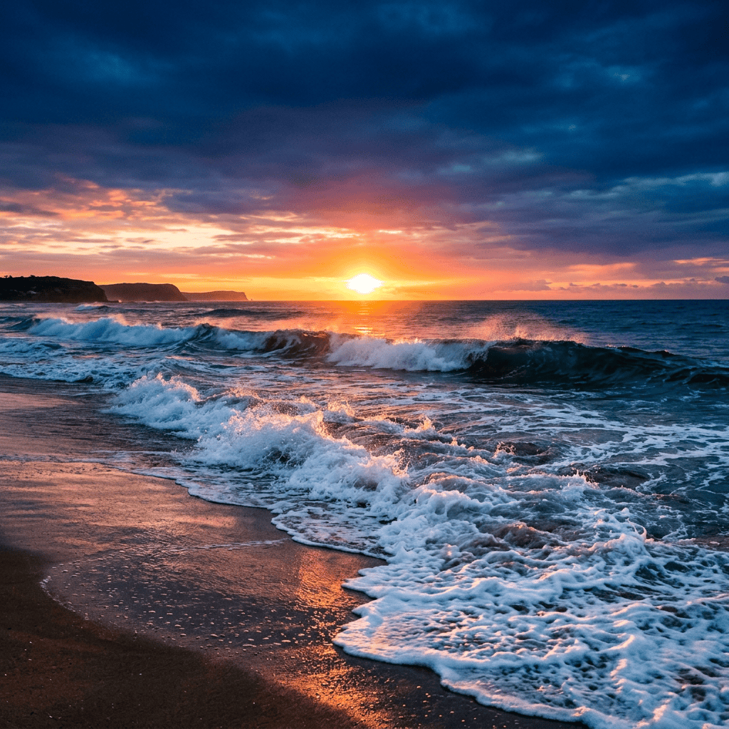 Ocean waves crashing on sandy beach under colorful sunset sky