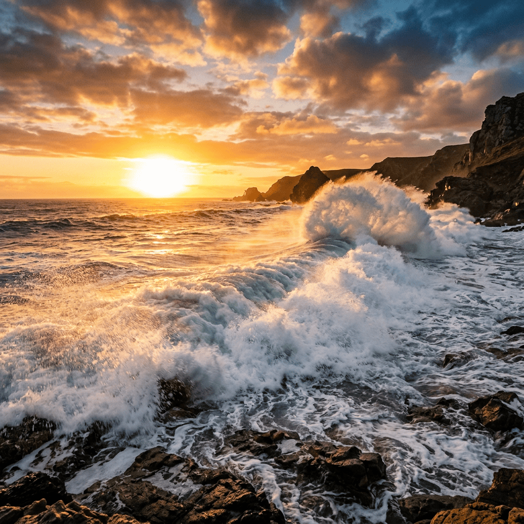 Strong release wave at golden hour sunset