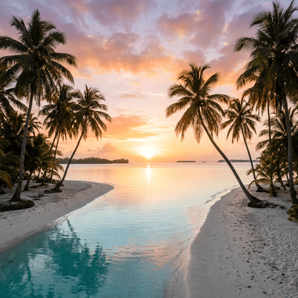 Calm tropical beach with palm trees during colorful sunset