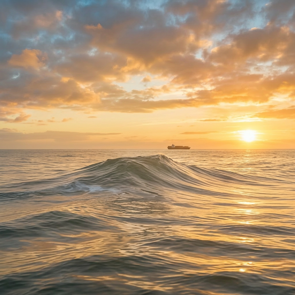 Soften wave, calmer ocean, gentle golden sunset