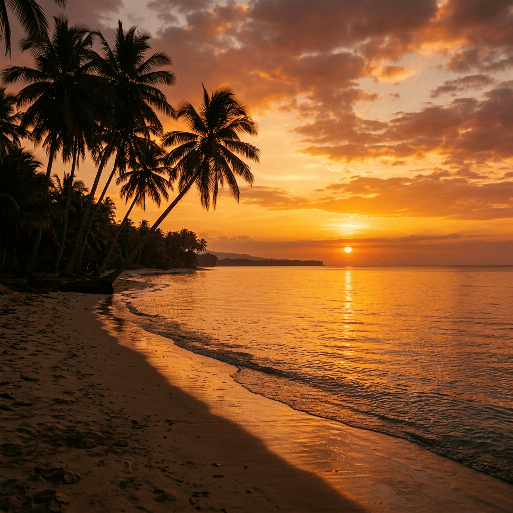 Palm trees lining a sandy beach with calm ocean and setting sun