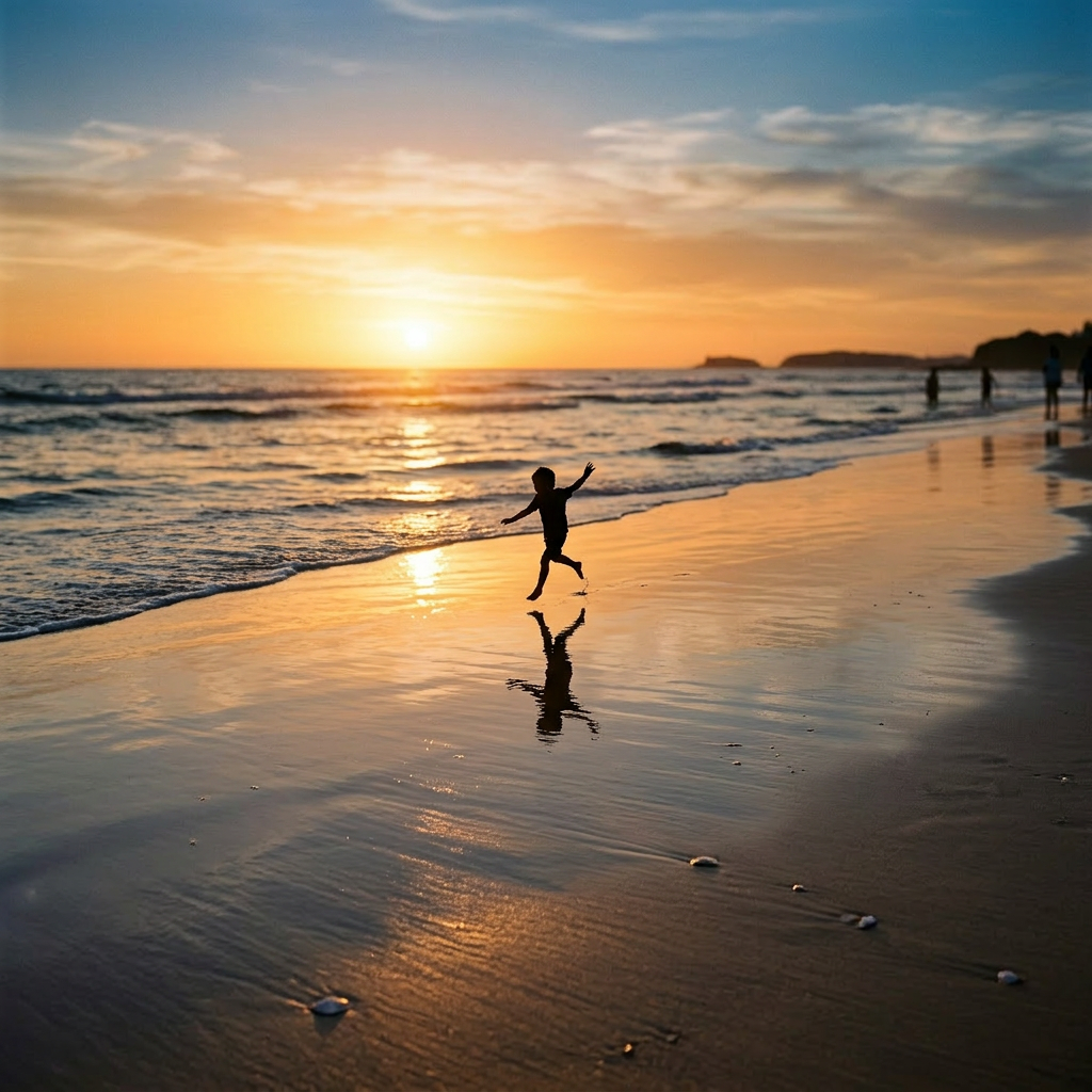 Silhouette of a child jumping near ocean waves at sunset on a sandy beach