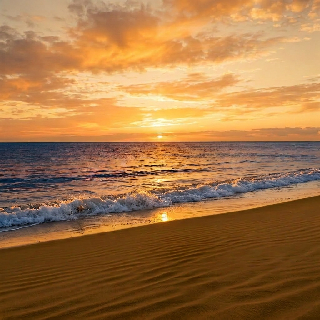 Sunset over ocean with golden sky and rippled sandy beach