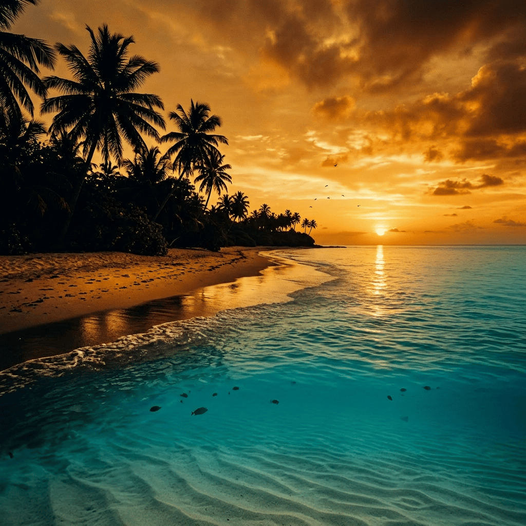 Coral reef under clear water near a tropical beach with palm trees at sunset
