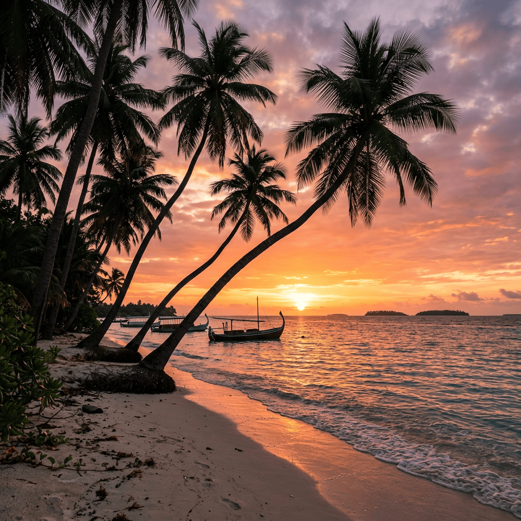 Tropical beach at sunset with leaning palm trees, boats on water, and vibrant sky