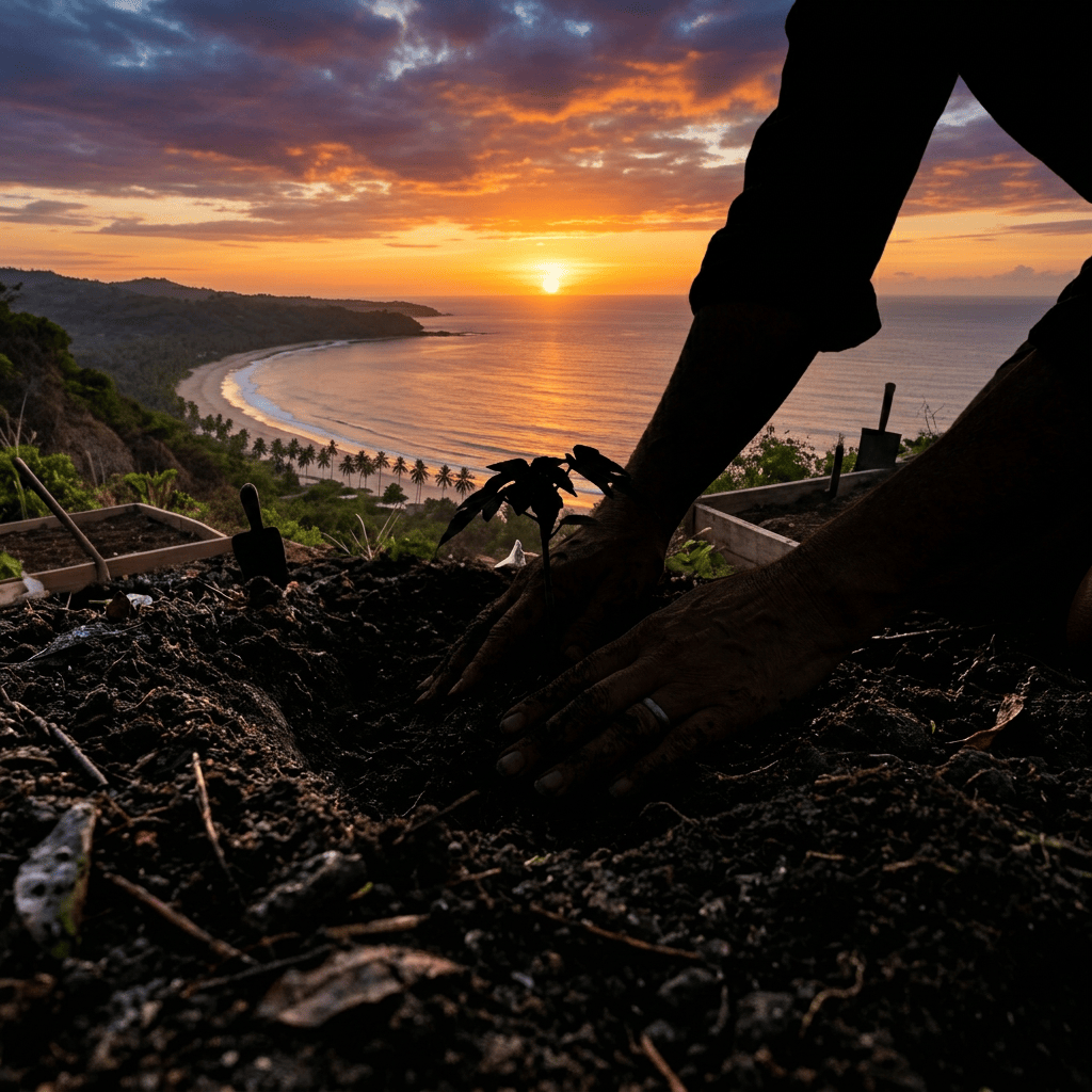Hands planting a small seedling in dark soil with a coastal sunset and palm trees visible.