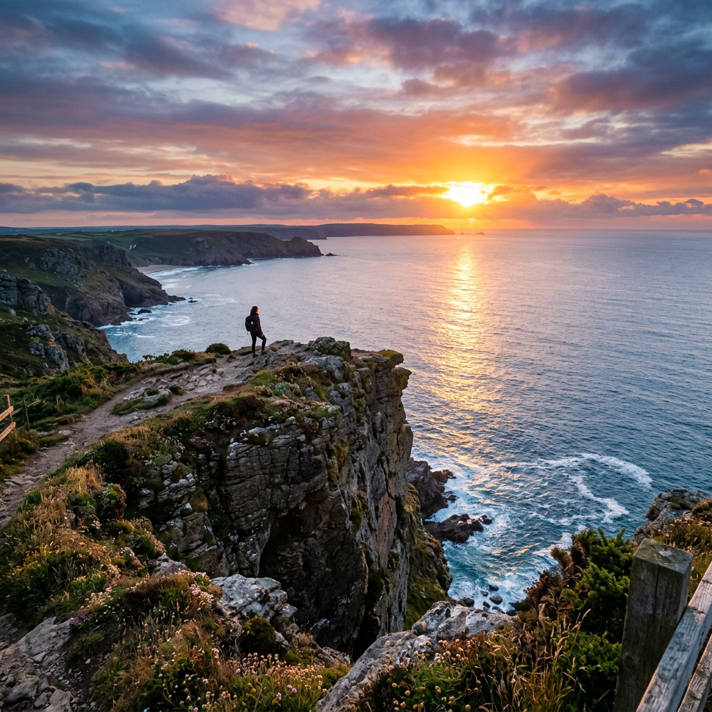 Person standing on rocky coastal cliff at sunset overlooking ocean