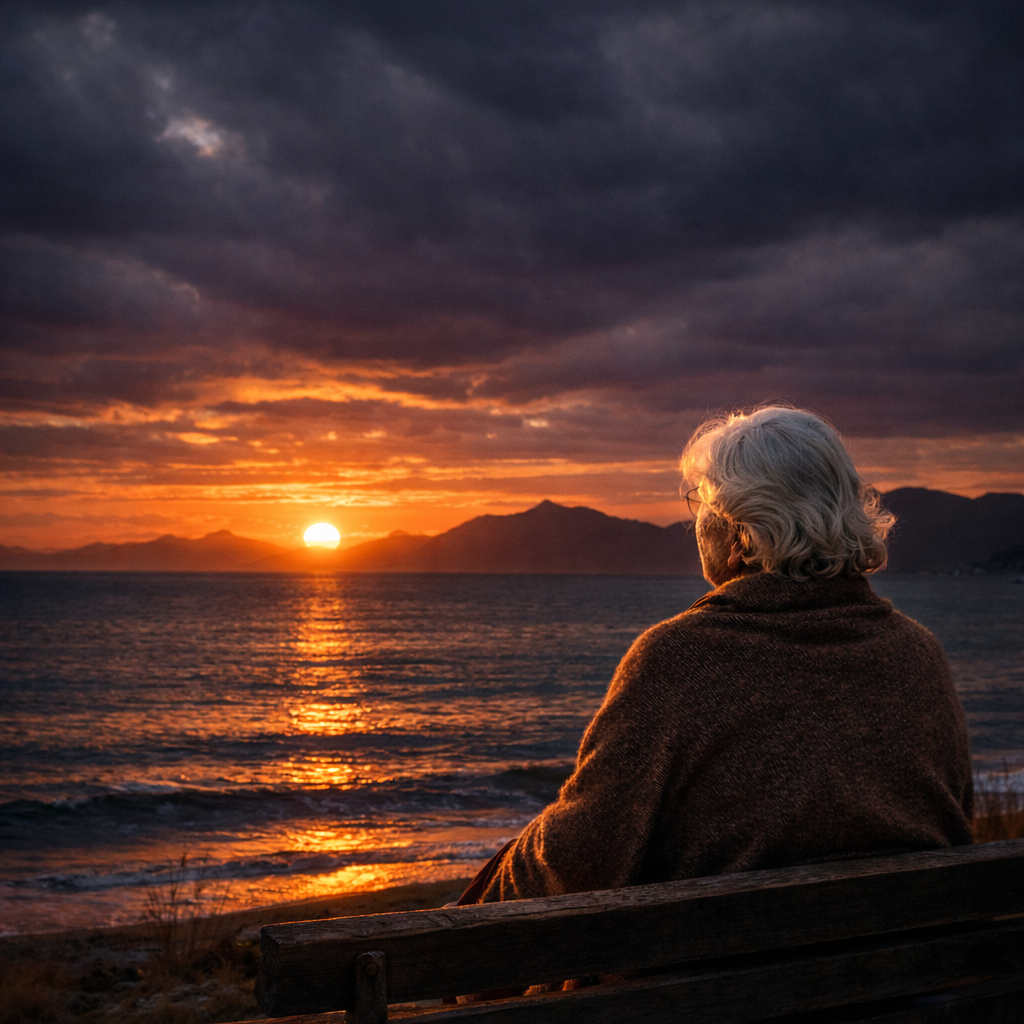 Elderly person sitting on a bench by the sea, watching a vibrant sunset with mountains in the background.