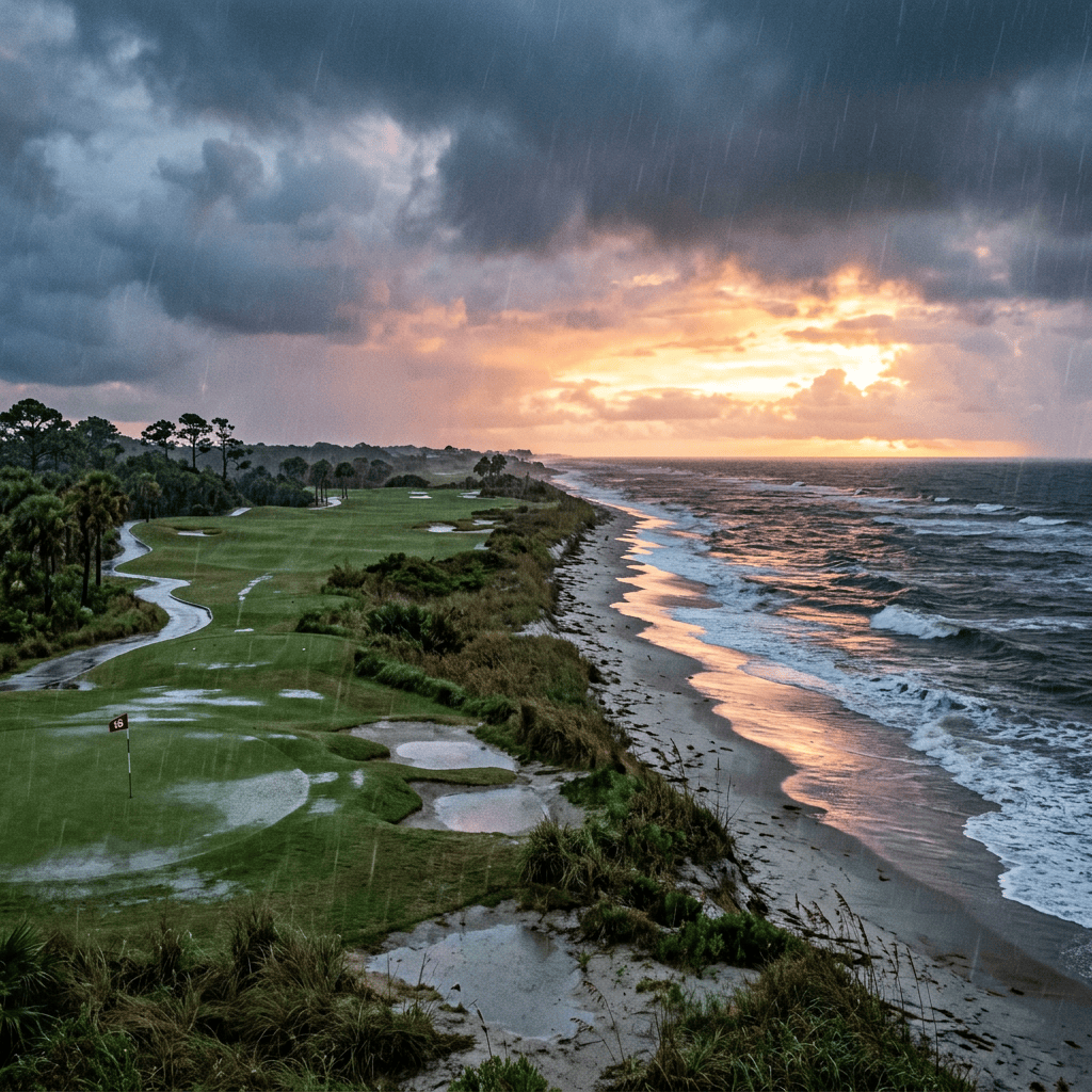 Golf course beside ocean shoreline with rain and sunset.