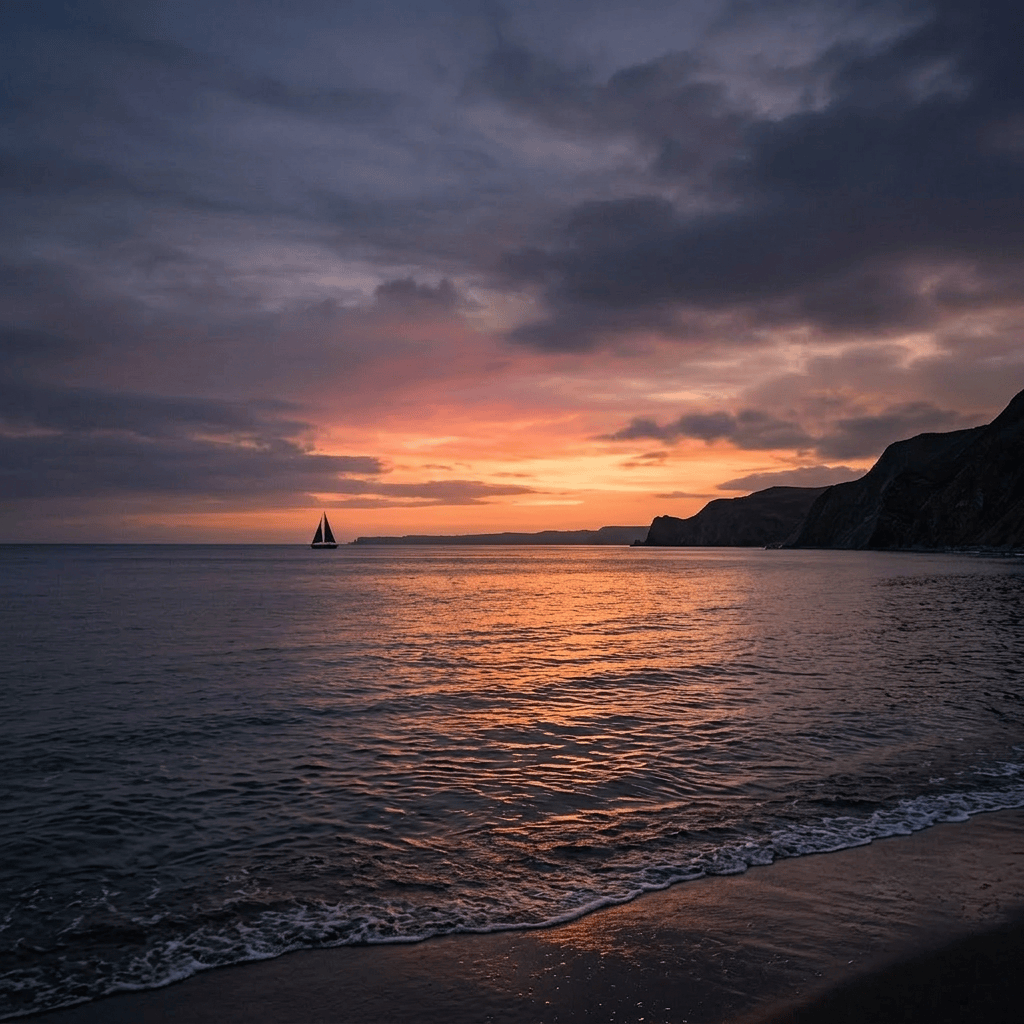 beach and dark cliffs on the horizon