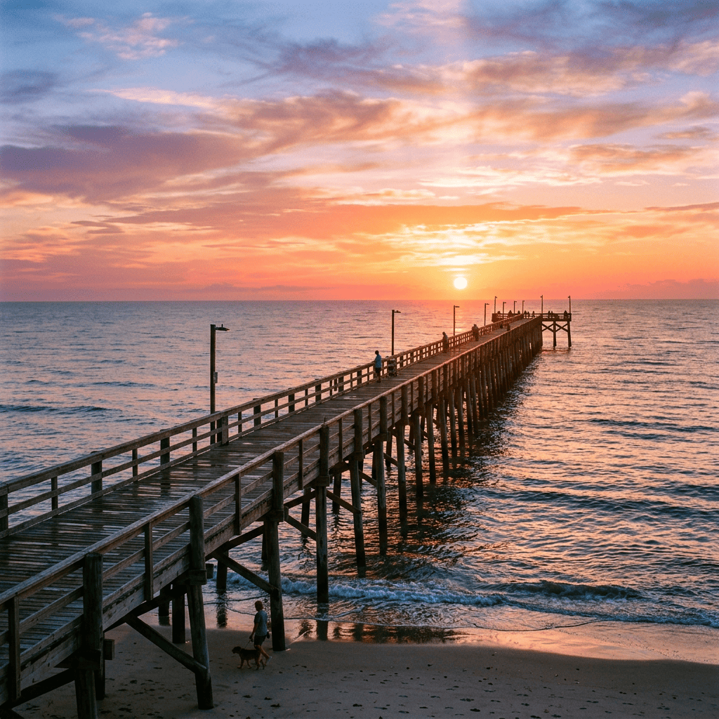 Wooden pier extending into the ocean at sunset with people walking and a person walking a dog on the beach