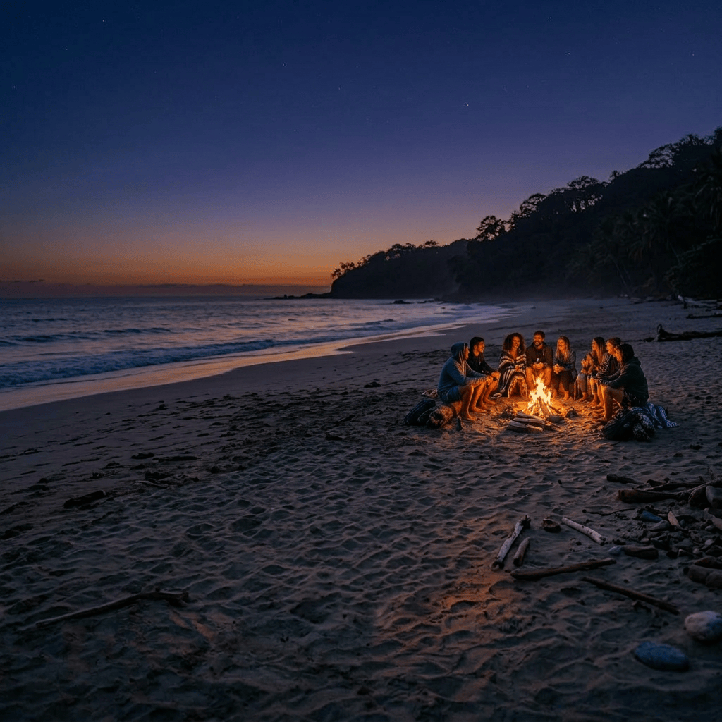 Group of friends sitting around a bonfire on the beach at sunset with ocean waves and palm trees