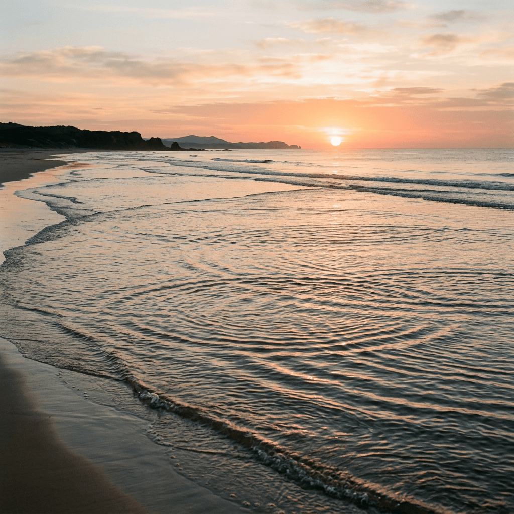 Sun rising over calm ocean waves at a sandy beach with distant hills