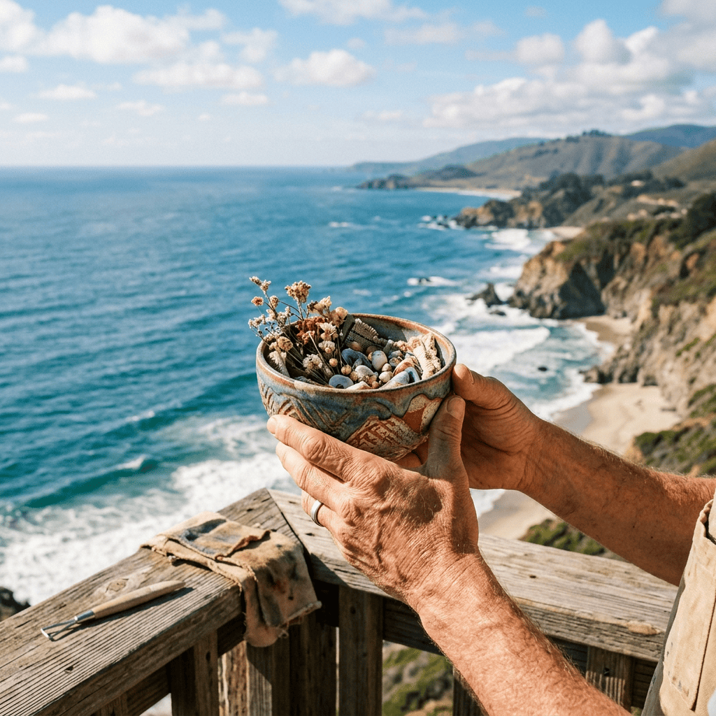 Hands holding a ceramic bowl filled with shells and dried flowers against a scenic ocean and cliff background
