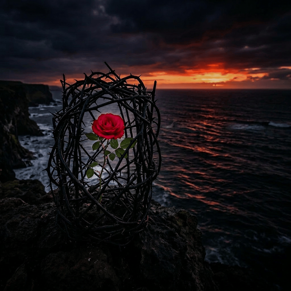 Red rose inside a thorn cage on cliff overlooking ocean at sunset