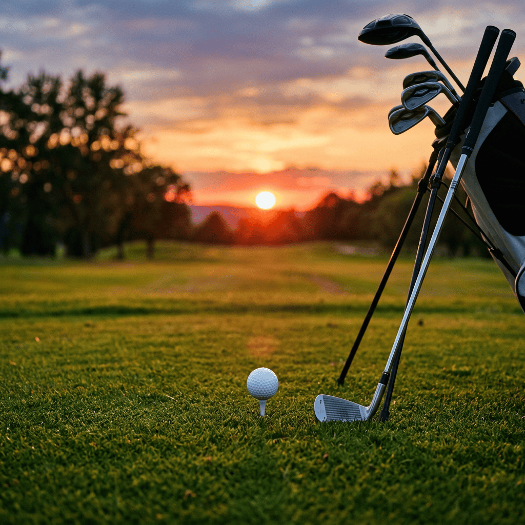 Golf ball on tee with golf clubs and sunset in background
