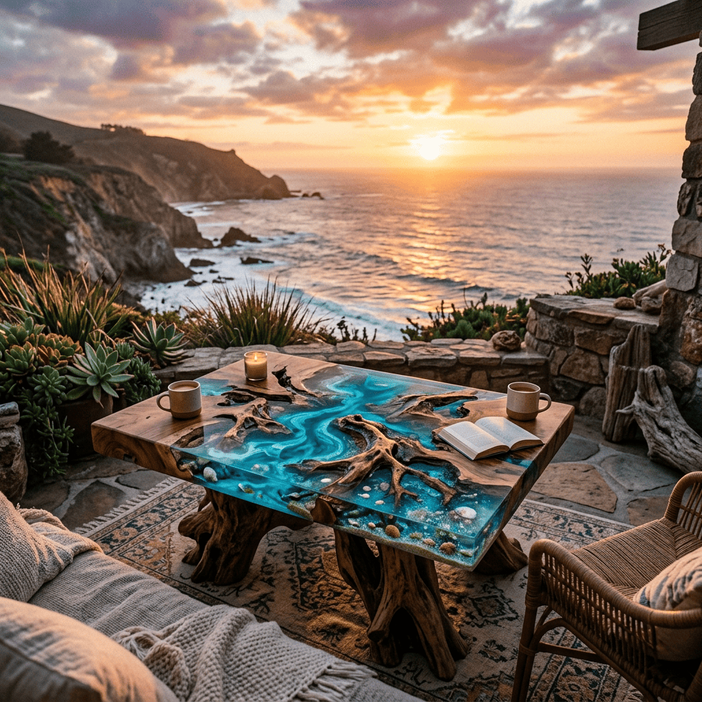 Realistic cinematic underground roots and ocean coffee table sundown