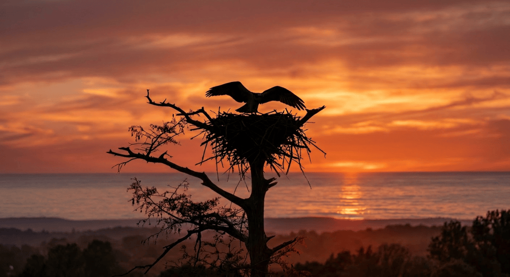 Osprey with outstretched wings perched in a tree nest silhouetted against a colorful sunset.