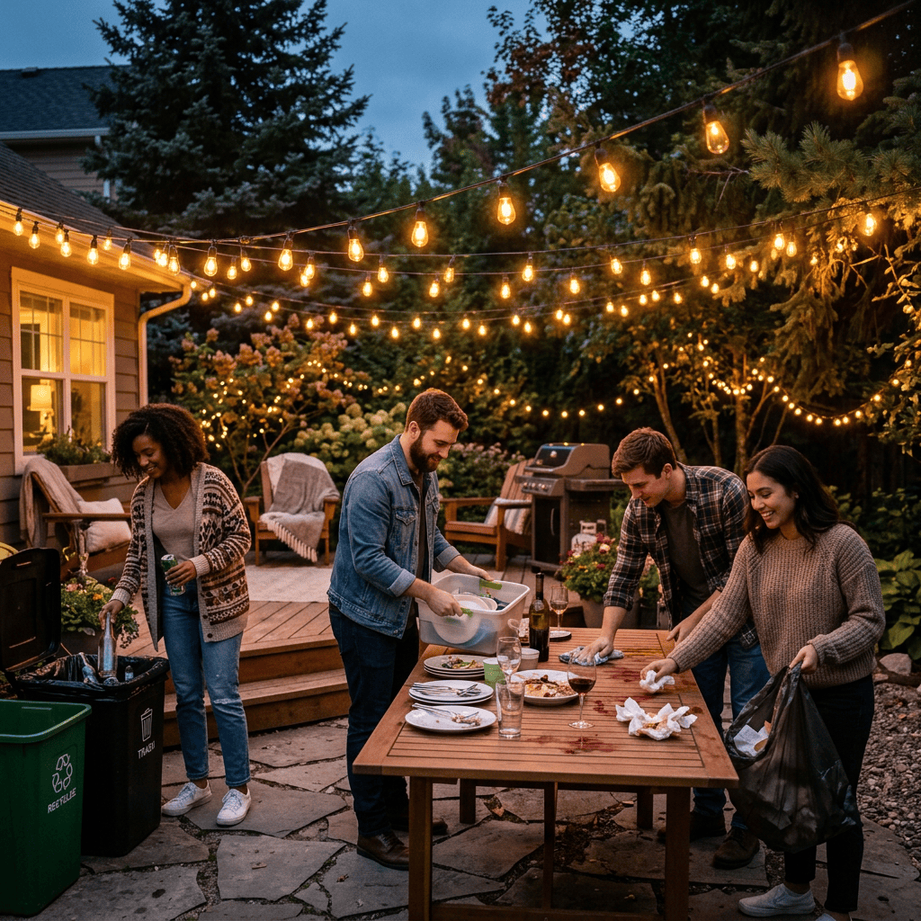 Four friends cleaning a table and sorting garbage and recyclables outside at dusk