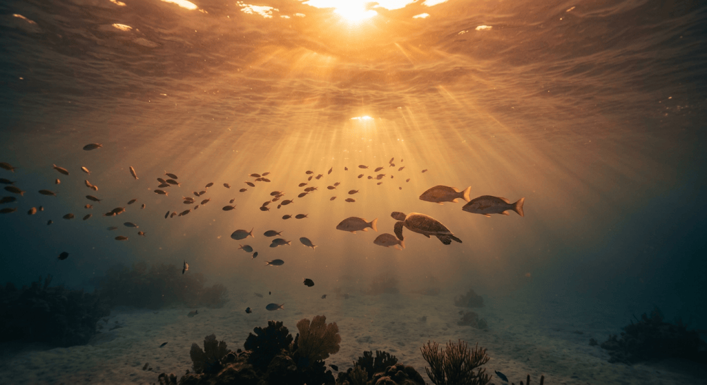 School of fish swimming near coral reefs underwater with sunlight streaming from above