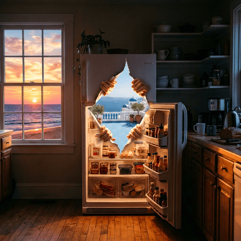 Open refrigerator with glowing heart-shaped light inside and various food items