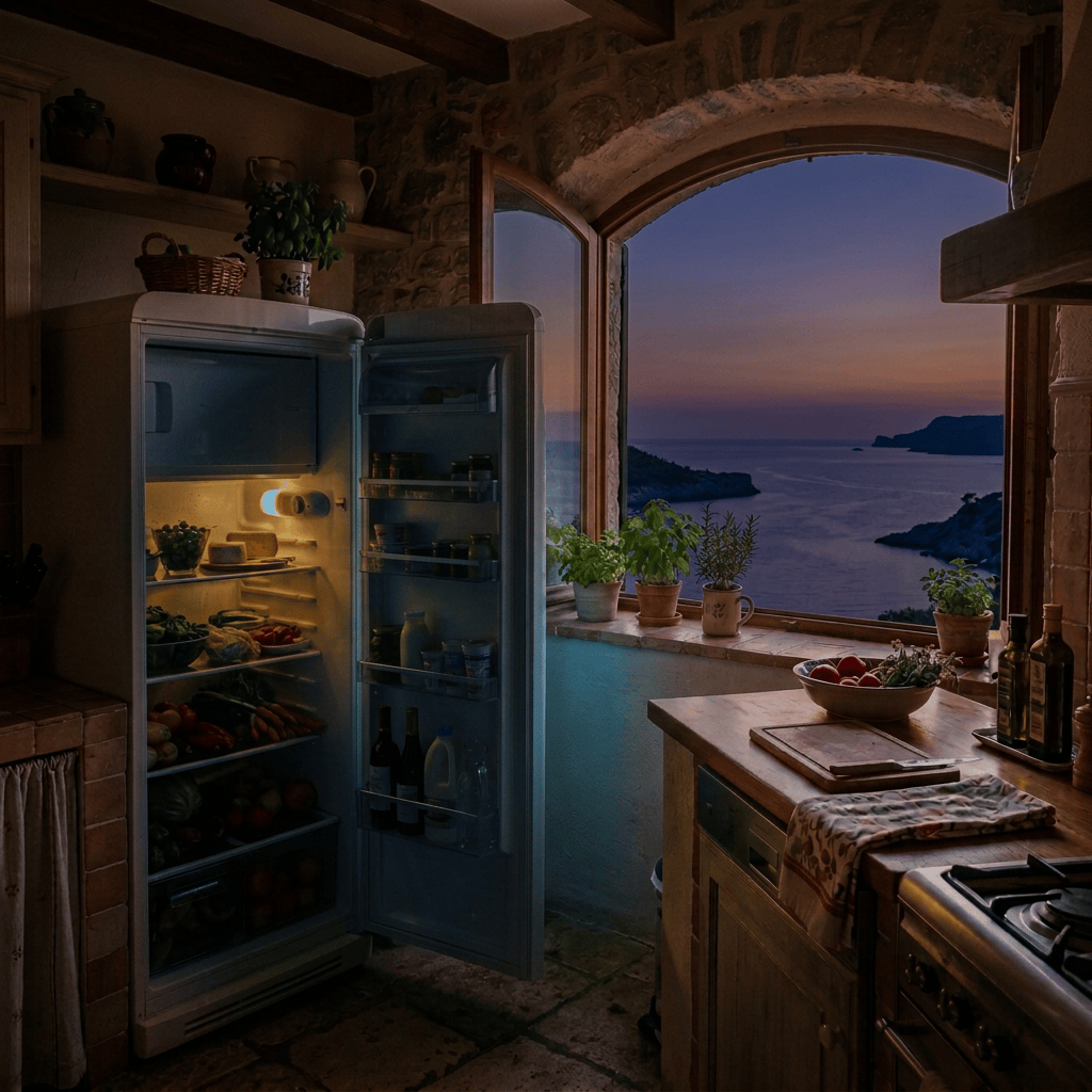 Open fridge full of fresh produce in a rustic kitchen with sunset ocean view