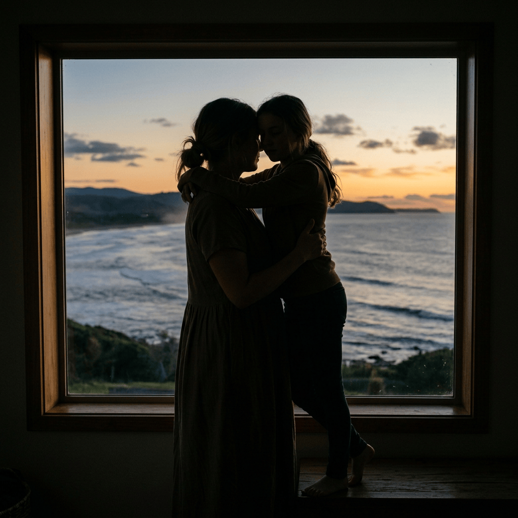 Mother holding child before a window overlooking the ocean at sunset