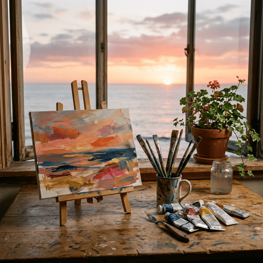 Colorful seascape painting on an easel beside art supplies overlooking a sunset ocean