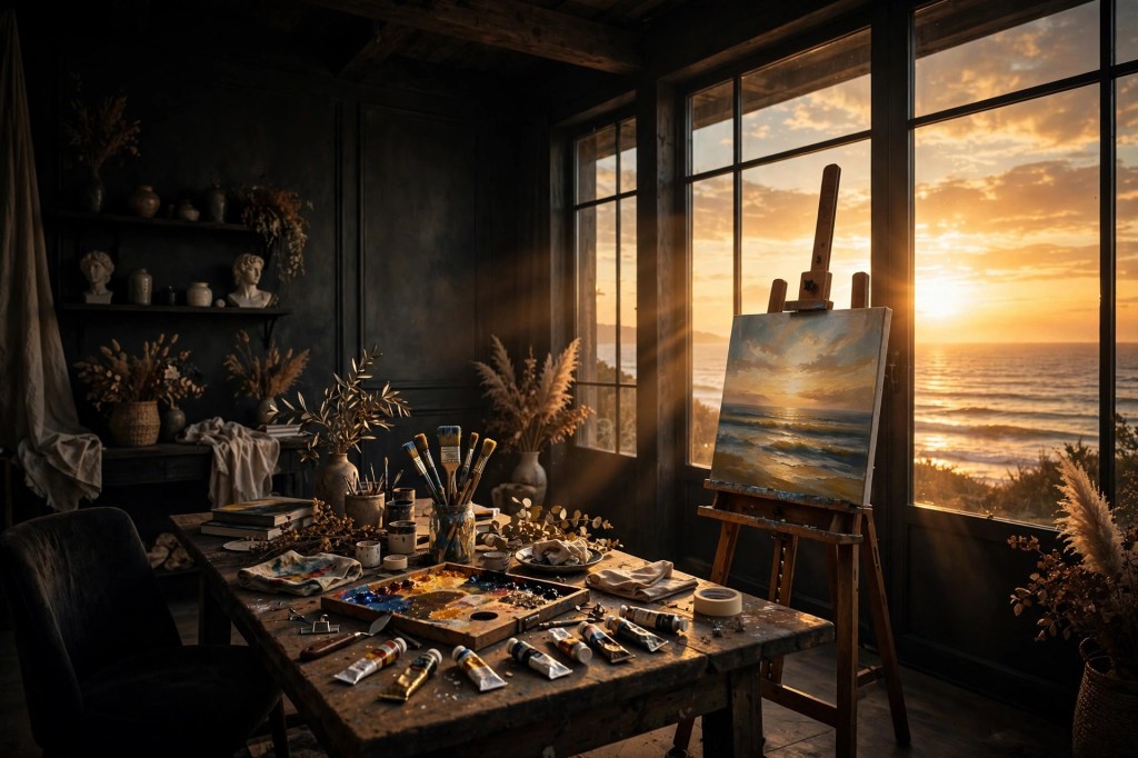 Artist's studio with an easel overlooking a golden ocean sunset