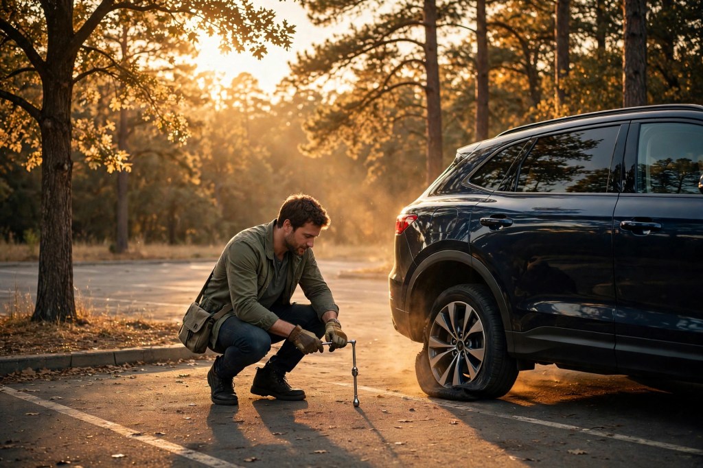A kind stranger helping change a flat tire at golden hour