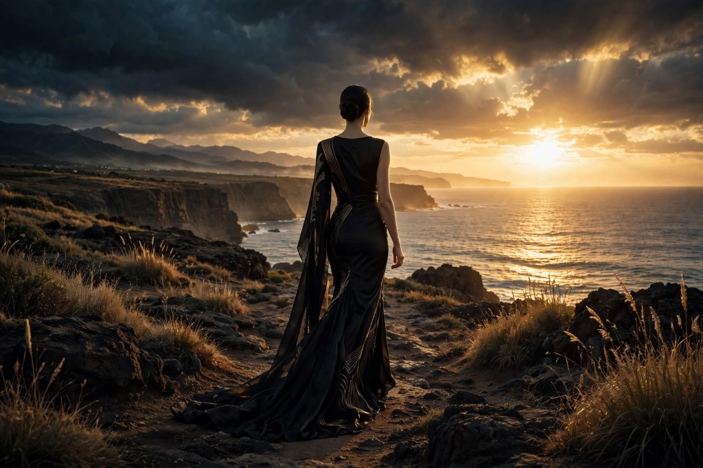 A woman standing with quiet confidence, looking over the ocean at golden hour