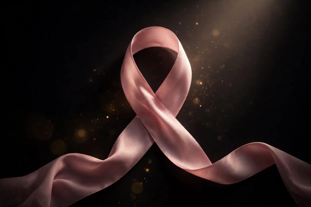 A pink silk ribbon on a black background with golden light