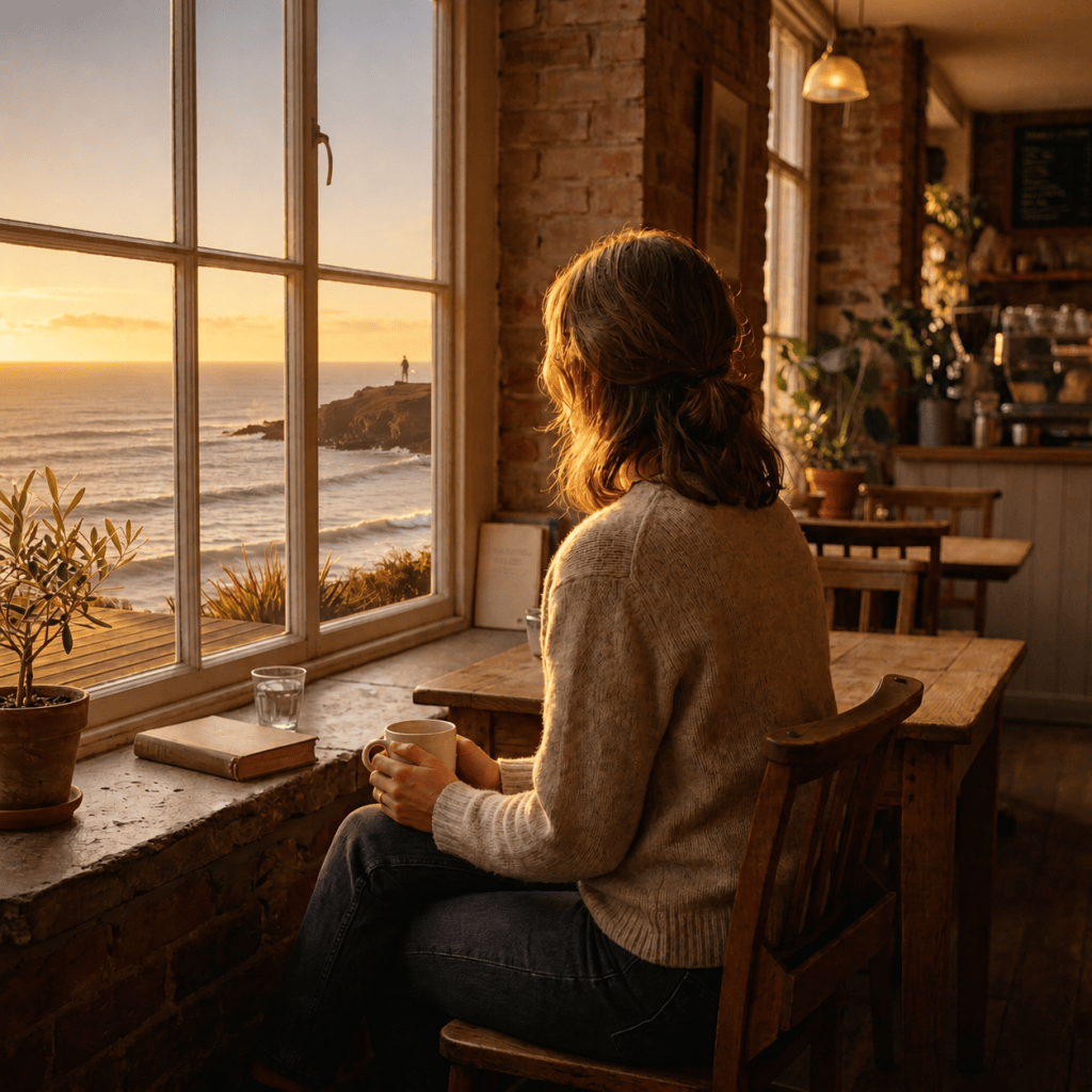 Woman drinking coffee beside a café window overlooking the ocean